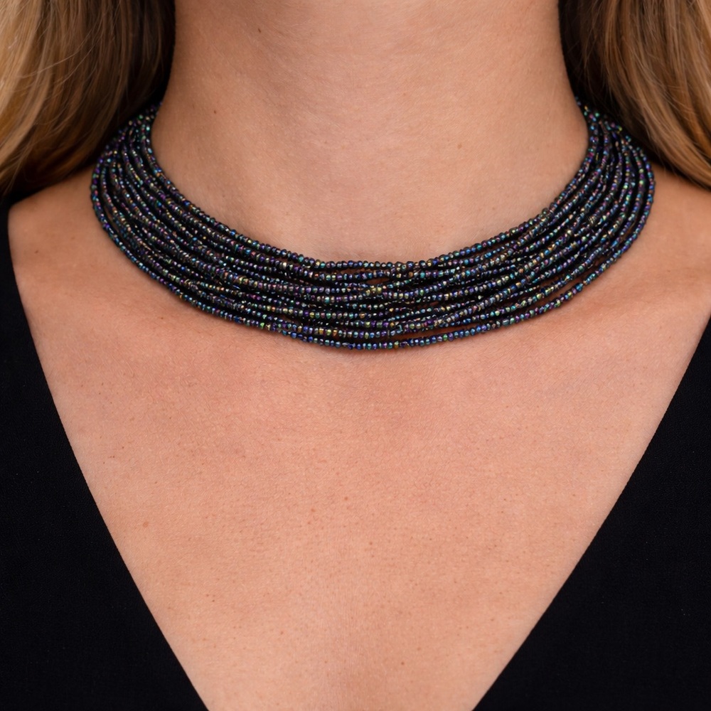 Vintage Czech Glass Seed Bead Choker Necklace Peacock Indigo Multi Strand